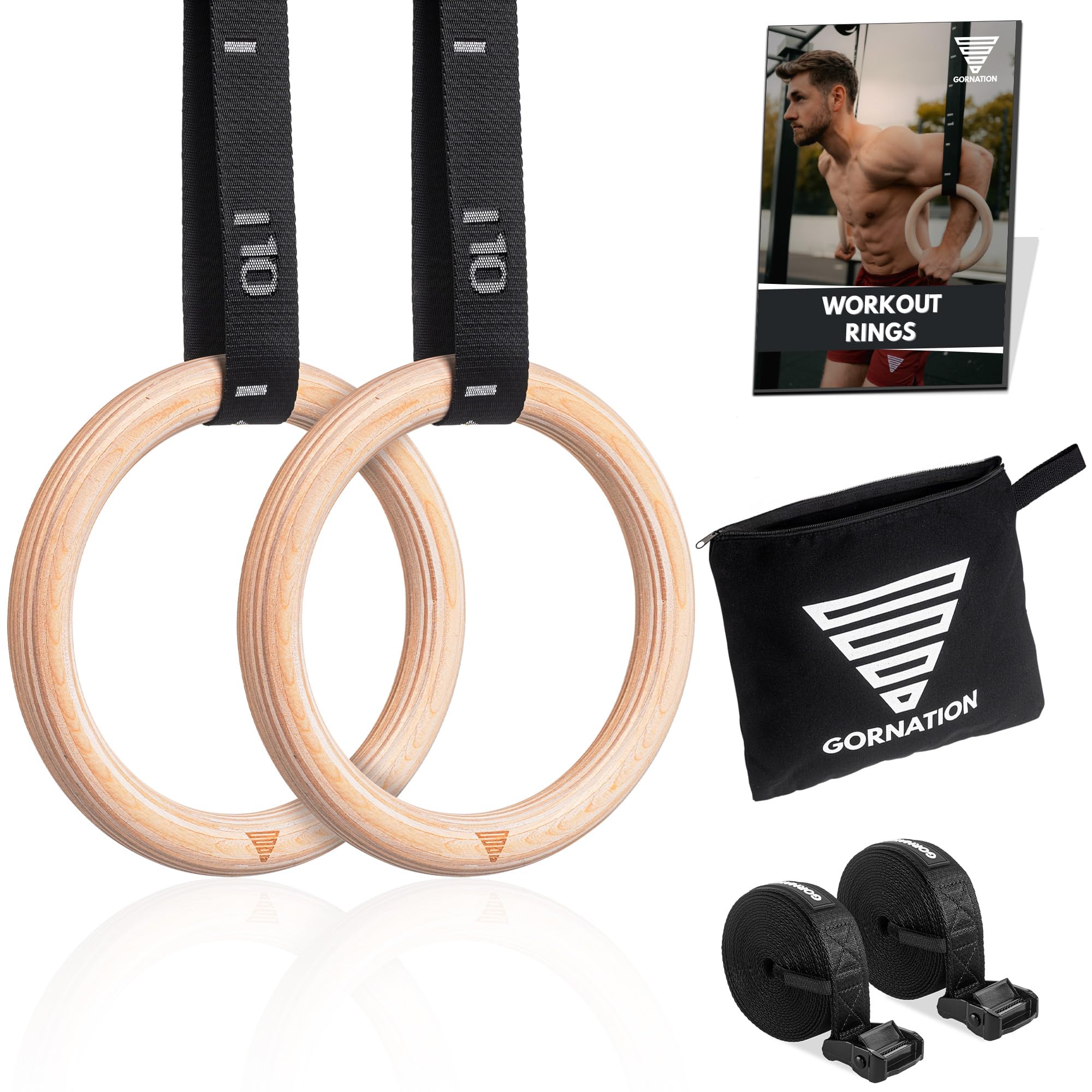 GORNATION Wooden Gym Rings, Premium Calisthenics & Fitness Equipment for Indoor, Outdoor & Gym Workouts, Adjustable Straps for Muscle-Ups, Pull-Ups &