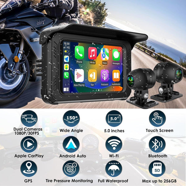 Waterproof Motorcycle Dash Cam with Wireless CarPlay & Android Auto, 5'' IPS Touch Screen, Front and Rear Camera HD 1080P, TPMS, Bluetooth, Wi-Fi, GPS, Max up to 256GB