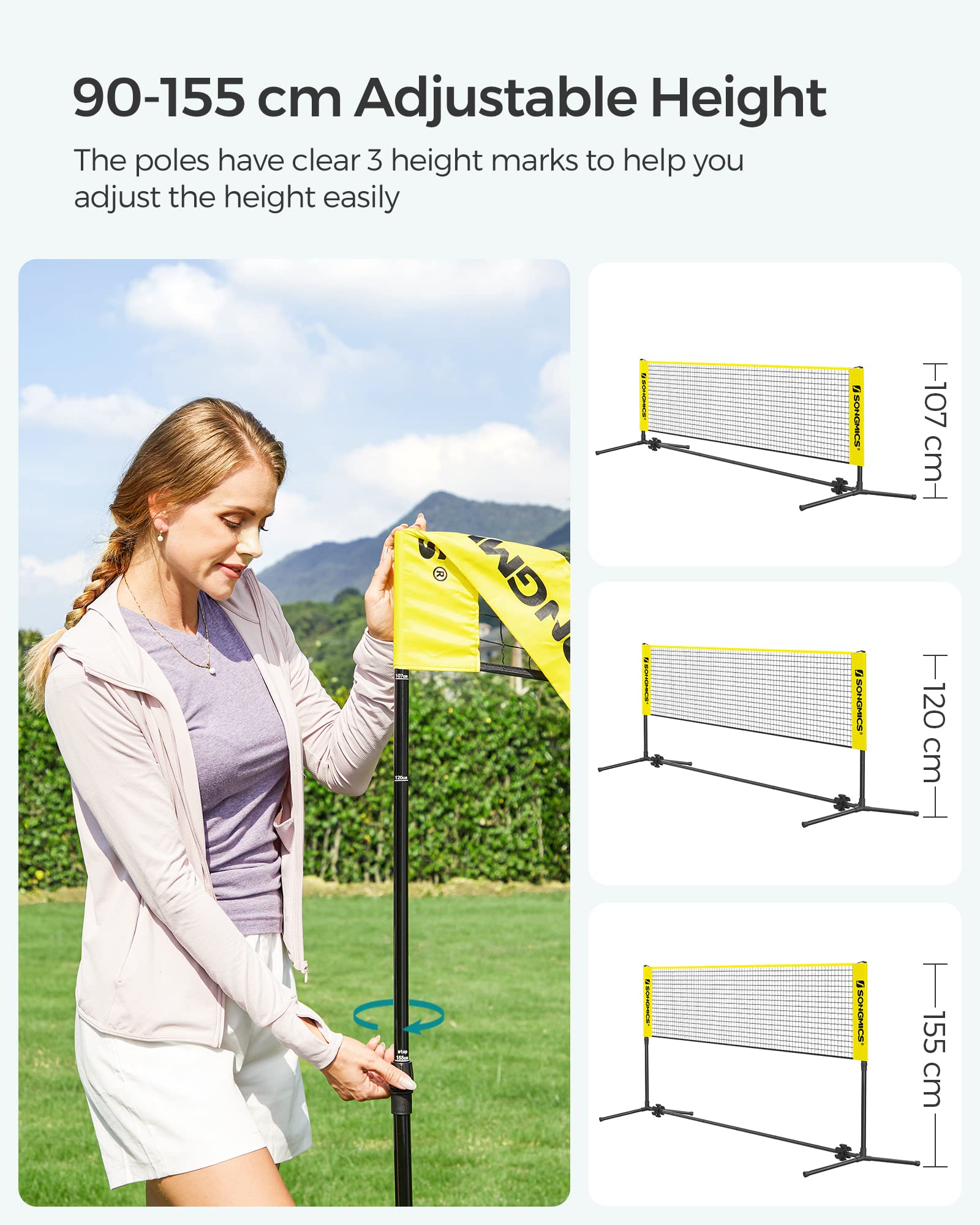 SONGMICS 3 m Badminton Net, Volleyball Net, Adjustable Poles Height, Portable Set for Tennis