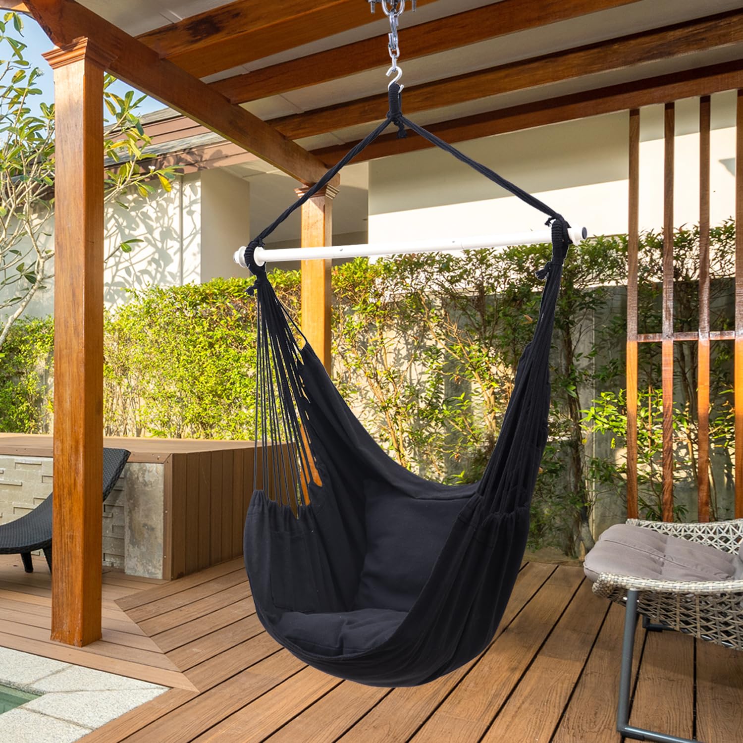 Ohuhu Hanging Chair Swing Chair with Hanging Kit, Extra Comfortable XL Portable Hammock Chair with 2 Cushions Metal Support Bar Side Pocket for Indoor