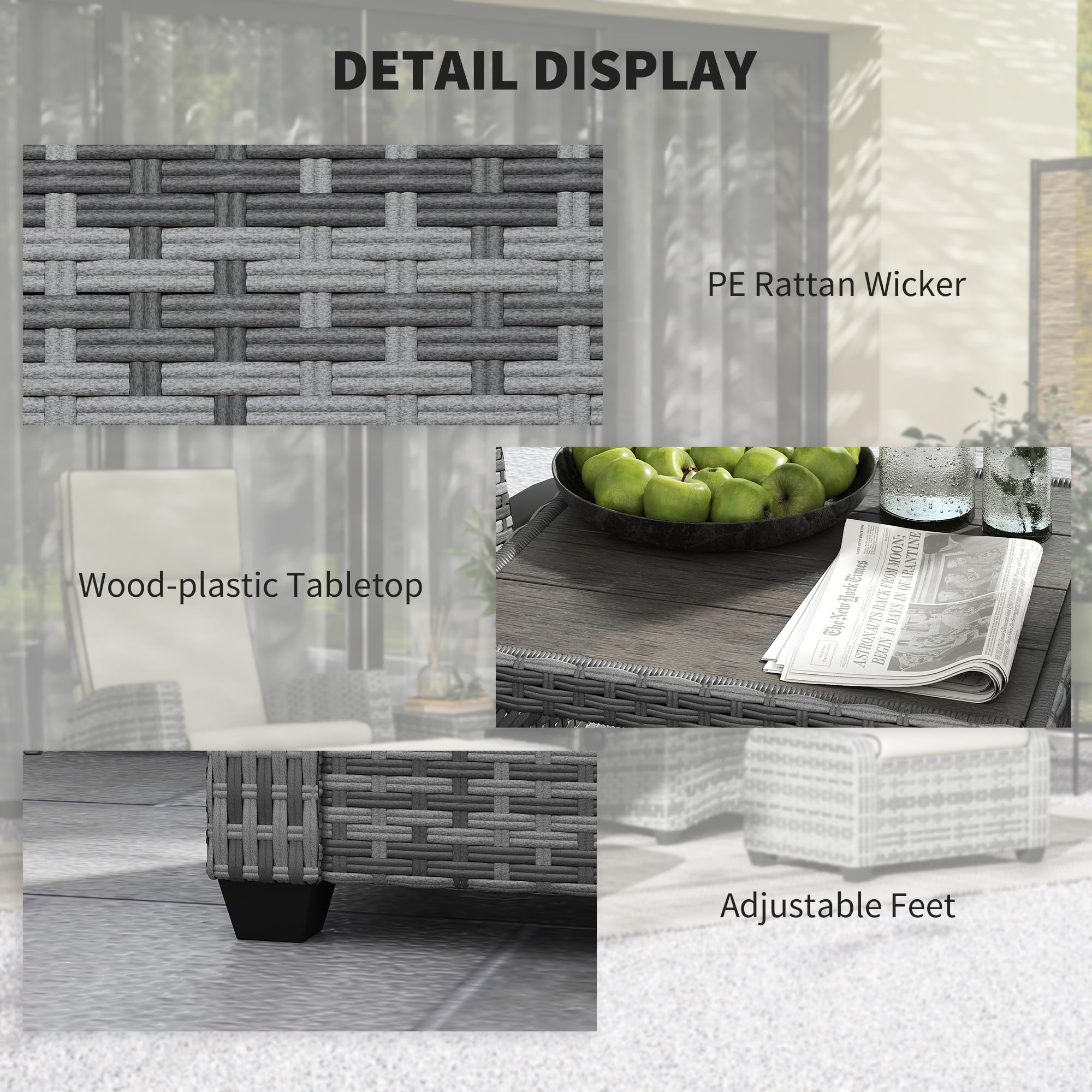 Outsunny 5 Piece Rattan Garden Furniture Set, Garden Reclining Rattan Chairs Set of 2 with Wood-Plastic Composite Table, Footstools and Thick Cushions for Balcony, Patio, Charcoal Grey