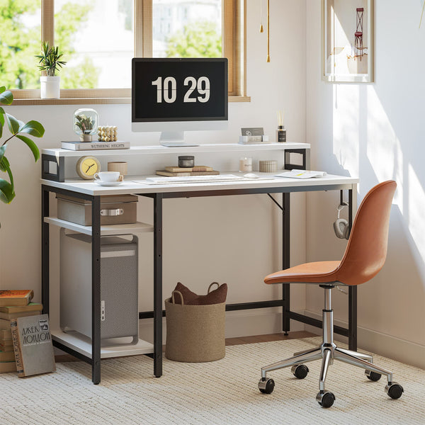 CubiCubi Computer Desk with Monitor Stand and Storage Shelves, 120cm Home Office Desk Study Writing Table, White