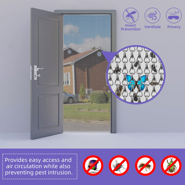 Gluwoer Aluminium Chain Curtain 100 x 210cm Metal Door Fly Screens Insect Control Curtain for Doorways (Grey)