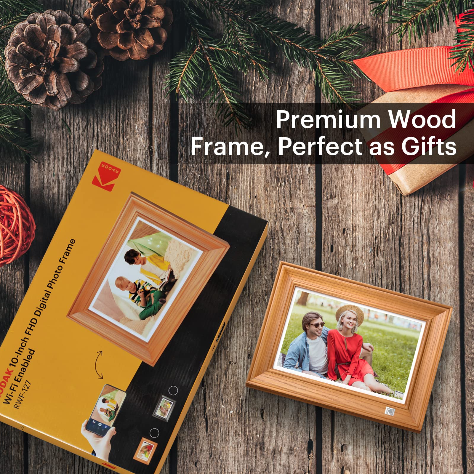KODAK Digital Photo Frame WiFi Digital Picture Frame 10.1 Inches, FHD 1920*1200 IPS Touchscreen, Wooden Smart Electronic Frame with 32GB Memory, Easy to Share Photo, Video via APP with Your Loved Ones