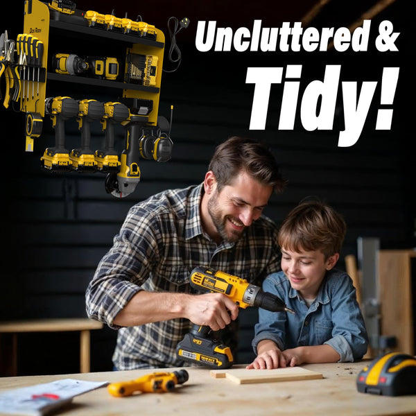 Toolganize Power Tool Organiser, Storage Rack with Power Strip Charging Station, Heavy-Duty for Workshop & Garage Tools - 4 Slot, Milwaukee Red.