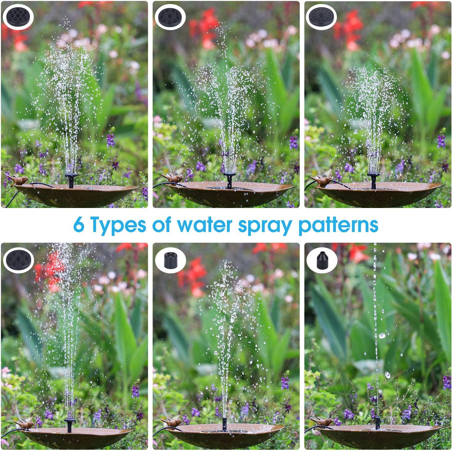 AISITIN 5.5W Solar Fountain Pump, Solar Water Pump Floating Fountain Built-in Battery, with 6 Nozzles, for Bird Bath, Fish Tank, Pond or Garden Decoration