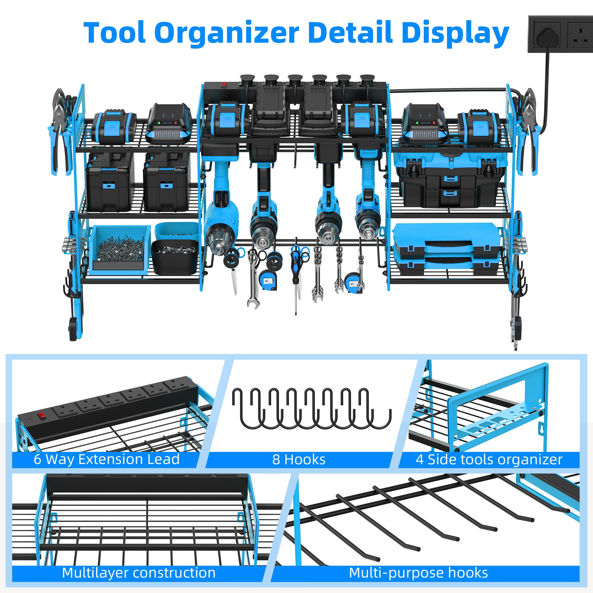 Power Tool Organizer with 6 Way Extension Lead,Large Tools Charging Station,8 Power Drill Tools Heavy Duty Drill Holder Wall Mounted Rack Utility Metal Tool Shelf Storage Organiser for Garage