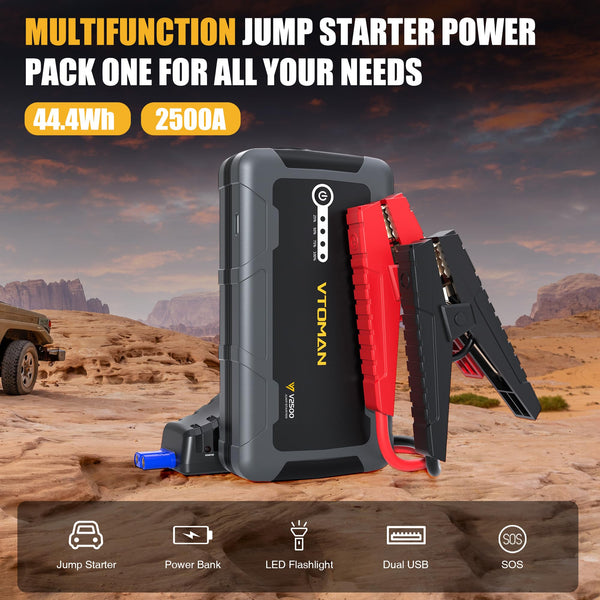 VTOMAN V2500 2500A Jump Starter Power Pack - Portable 12V Car Battery Booster Jump Starter with Jump Leads(Up to 8.0L Gas or 6.0L Diesel Engine), LED Flashlight, Quick Charge, 15V DC Port