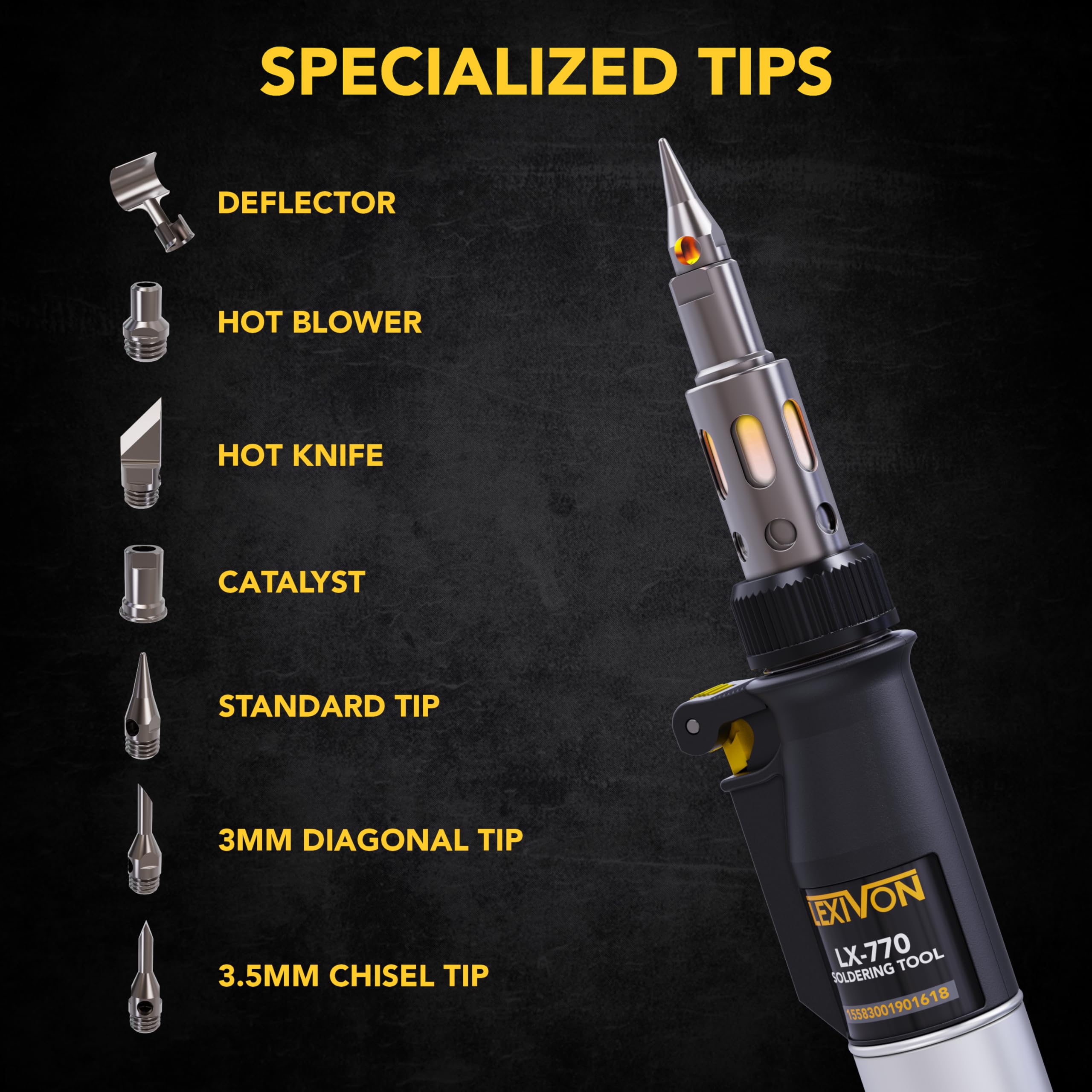 LEXIVON Butane Soldering Iron Multi-Purpose Kit | Cordless Self-Igniting Adjustable Flame 7-Tip Set | Pro-Grade (LX-770)