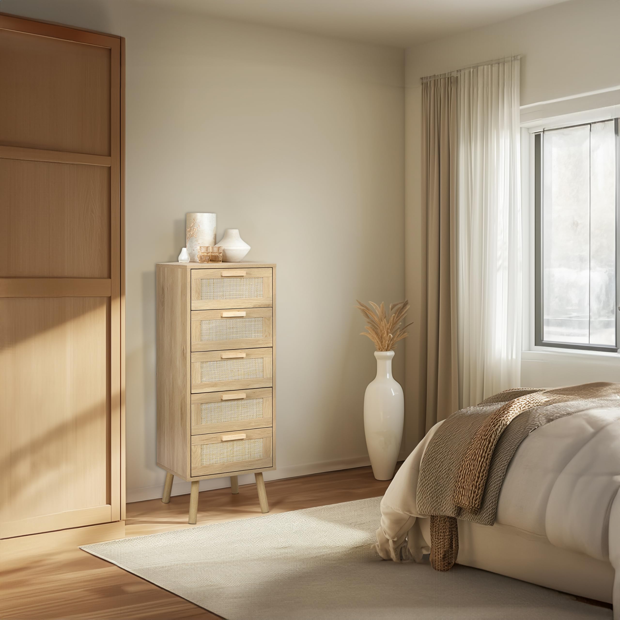 Finnhomy Rattan Chest of Drawers Bedroom, Tall Chester Drawers with 5 Hand Made Rattan Decorated Drawers for Bedroom, Small Bedside Cabinet with Wood