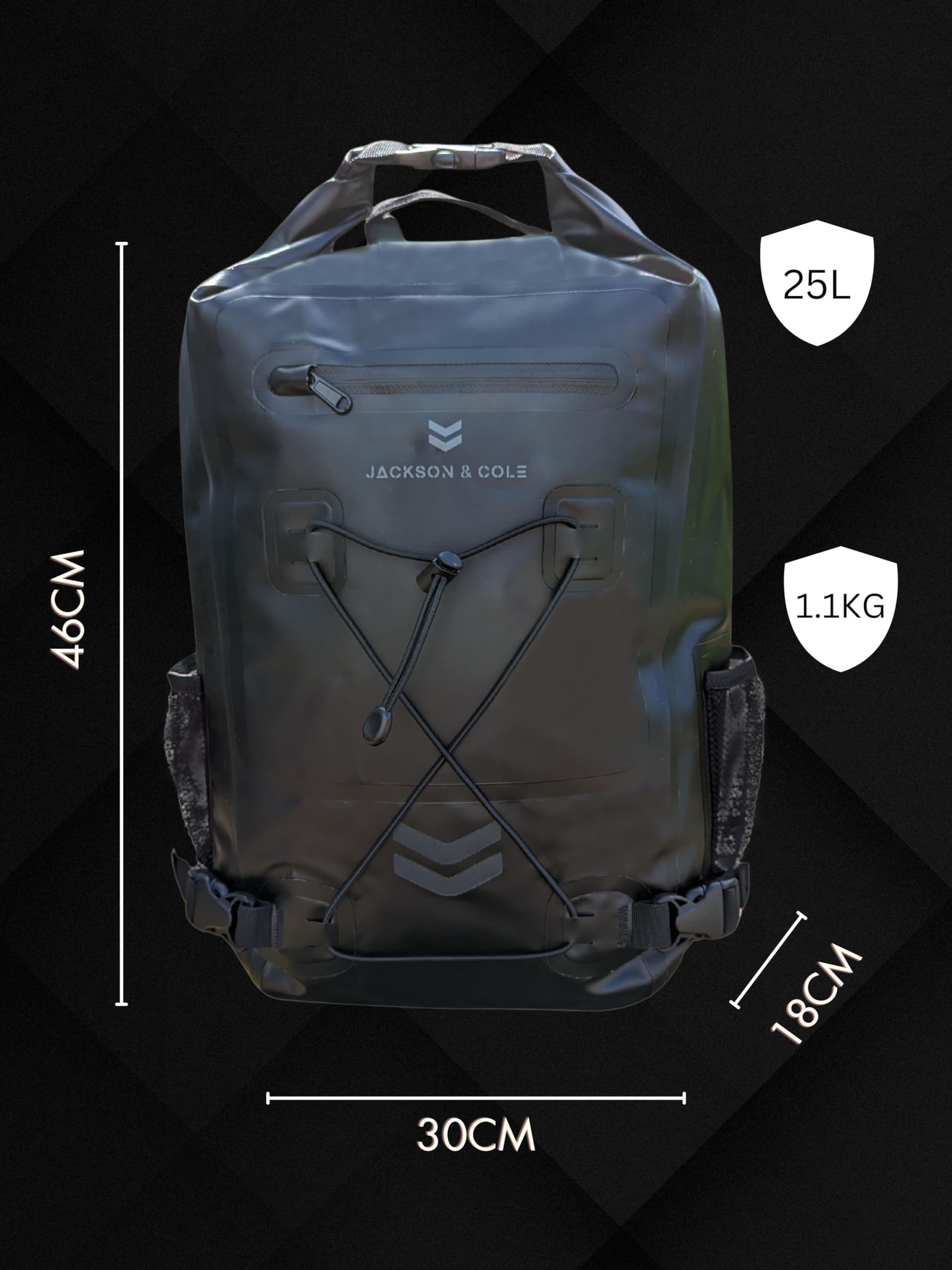 Jackson & Cole Waterproof Backpack - 25L Dry Bag Backpack - Rolltop, Reflective, Webbing for Watersports, Motorcycling, Camping, Hiking, Boating,