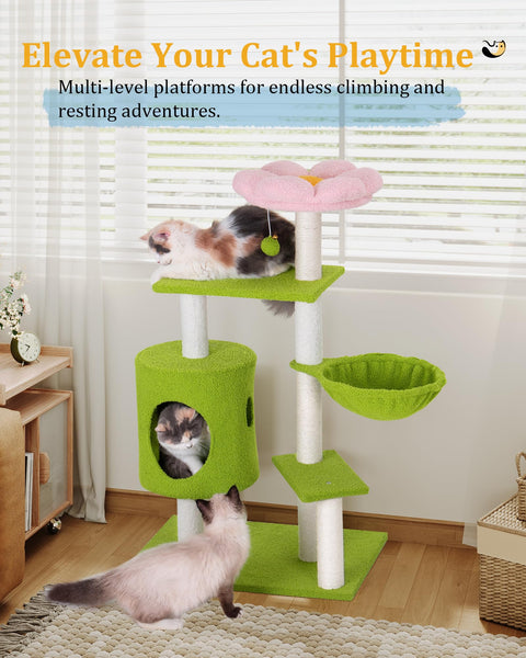 Aechonow 104cm Cute Cat Tree with Scratching Post, Indoor Flower Cat Tower, House Condo and Hammock for Small and Medium Kittens, Green Pink