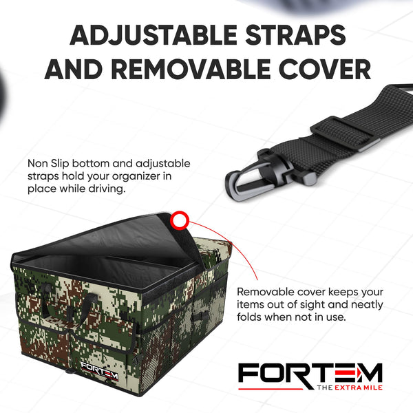 FORTEM Car Boot Organiser, Collapsible Multi Compartment SUV Organizer, Foldable Storage for Car Accessories for Women Men, 600D Oxford, Non Slip Bottom, Securing Straps, Soft Cover (50L)