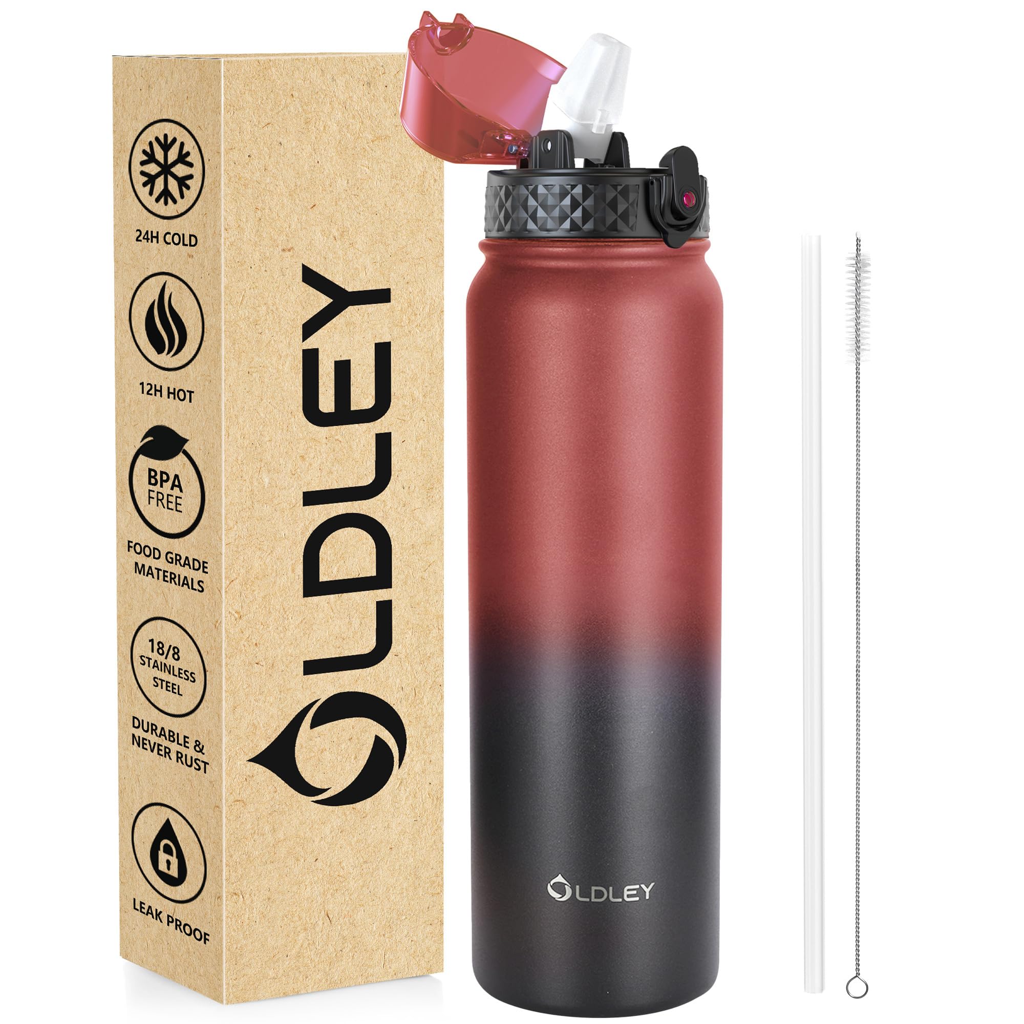 OLDLEY Stainless Steel Water Bottle with Straw 1L Vaccum Insulated Large Drink Flask Metal Water Bottles 1 Litre Leakproof Keep Drinks Hot Cold for Sports Gym with Different Lids(Purple Green, 3 Lids)