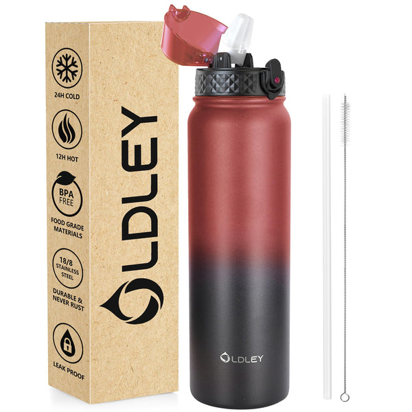 OLDLEY Stainless Steel Water Bottle with Straw 1L Vaccum Insulated Large Drink Flask Metal Water Bottles 1 Litre Leakproof Keep Drinks Hot Cold for Sports Gym with Different Lids(Purple Green, 3 Lids)