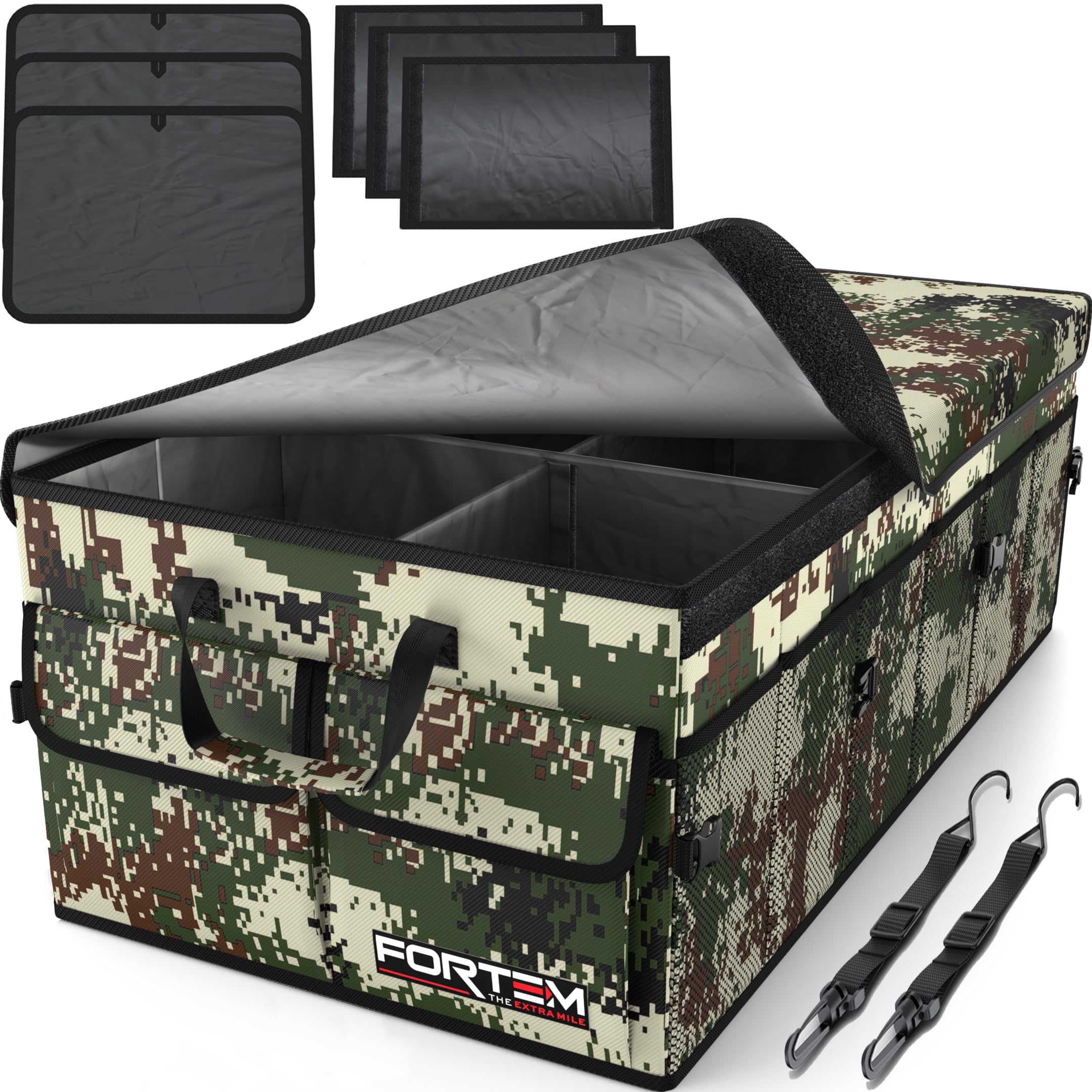 FORTEM Car Boot Organiser, Collapsible Multi Compartment SUV Organizer, Foldable Storage for Car Accessories for Women Men, 600D Oxford, Non Slip Bottom, Securing Straps, Soft Cover (50L)