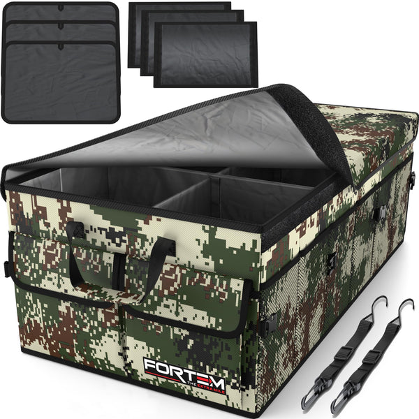 FORTEM Car Boot Organiser, Collapsible Multi Compartment SUV Organizer, Foldable Storage for Car Accessories for Women Men, 600D Oxford, Non Slip Bottom, Securing Straps, Soft Cover (50L)