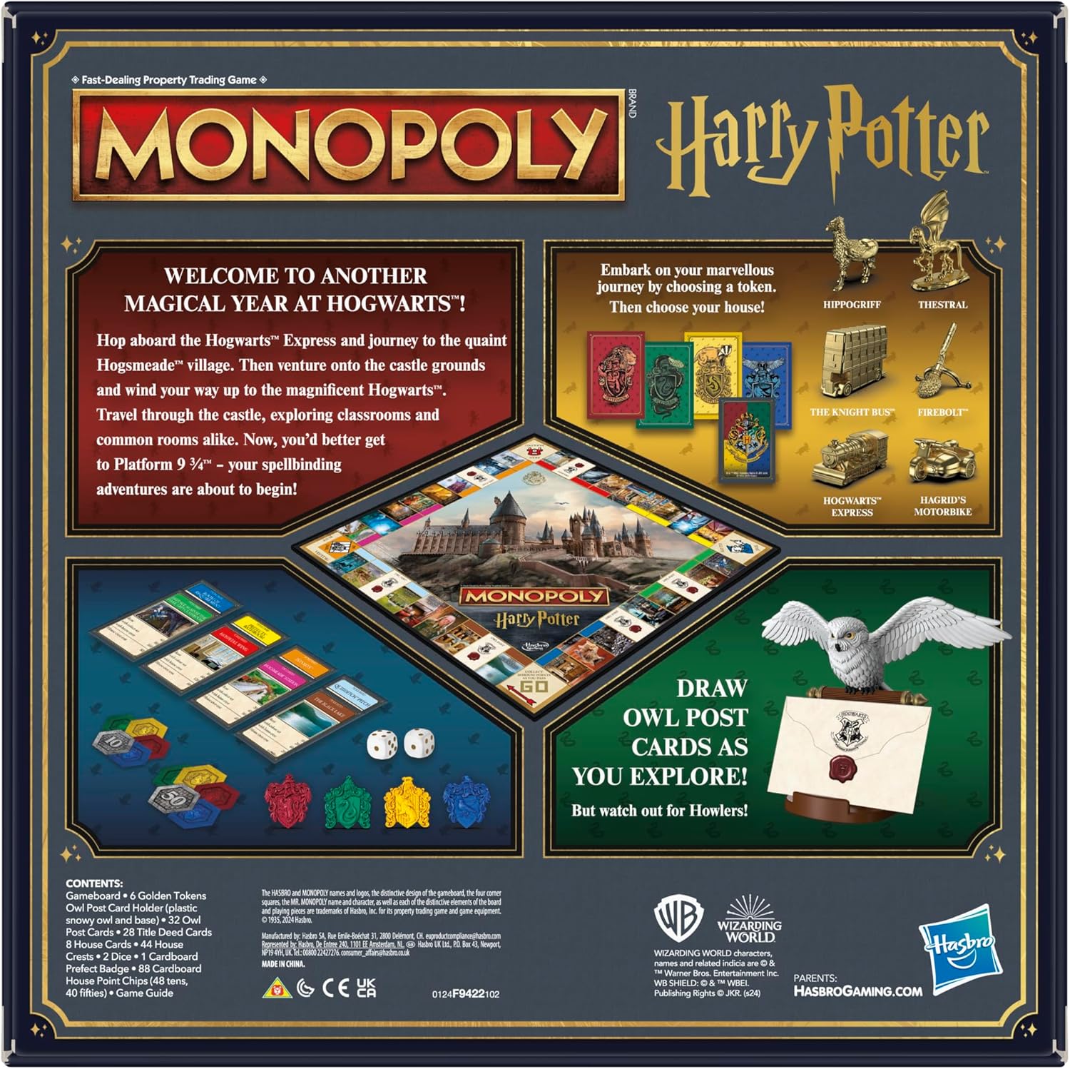 Monopoly Harry Potter Edition Board Game for Kids 8+, Strategy Family Game with Hogwarts Locations, Golden Tokens, House Cards & Owl Post, 2–6 Players, For Kids & Familes