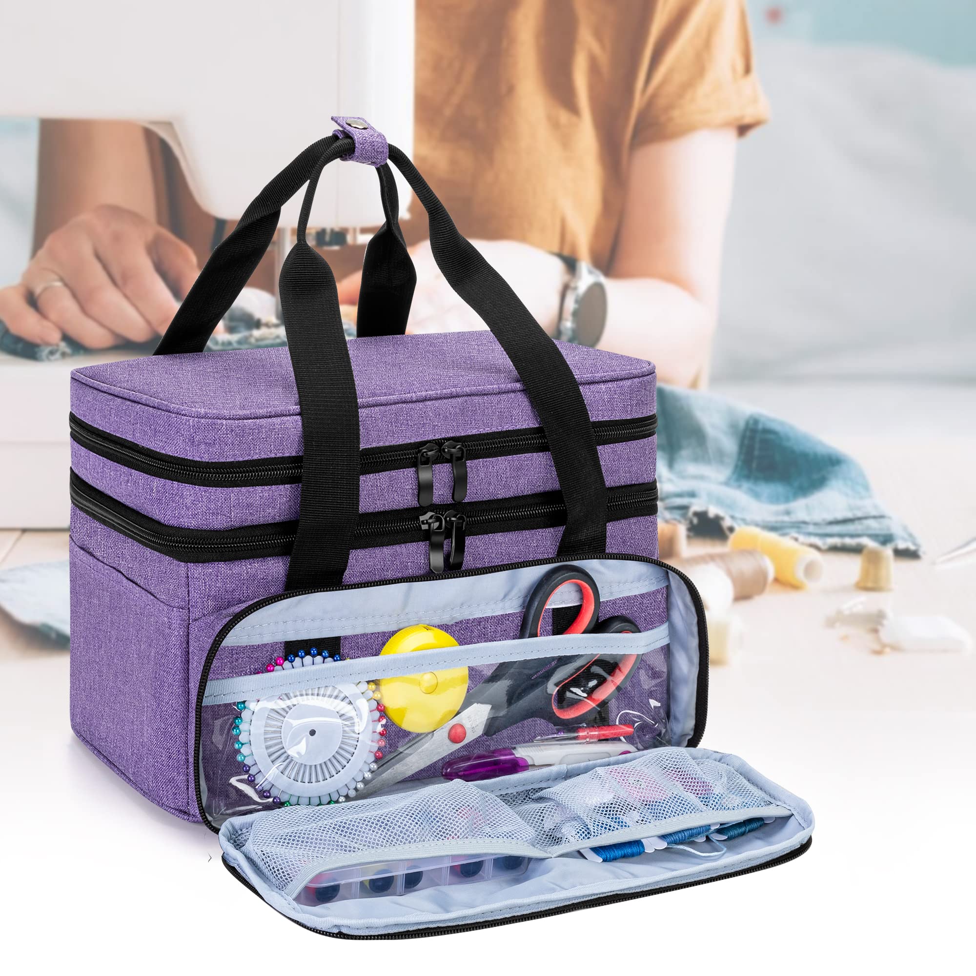BAFASO Double Layer Sewing Accessories Organiser with 2 Detachable Pouches, Large Sewing Storage Bag for Sewing Tools, Purple