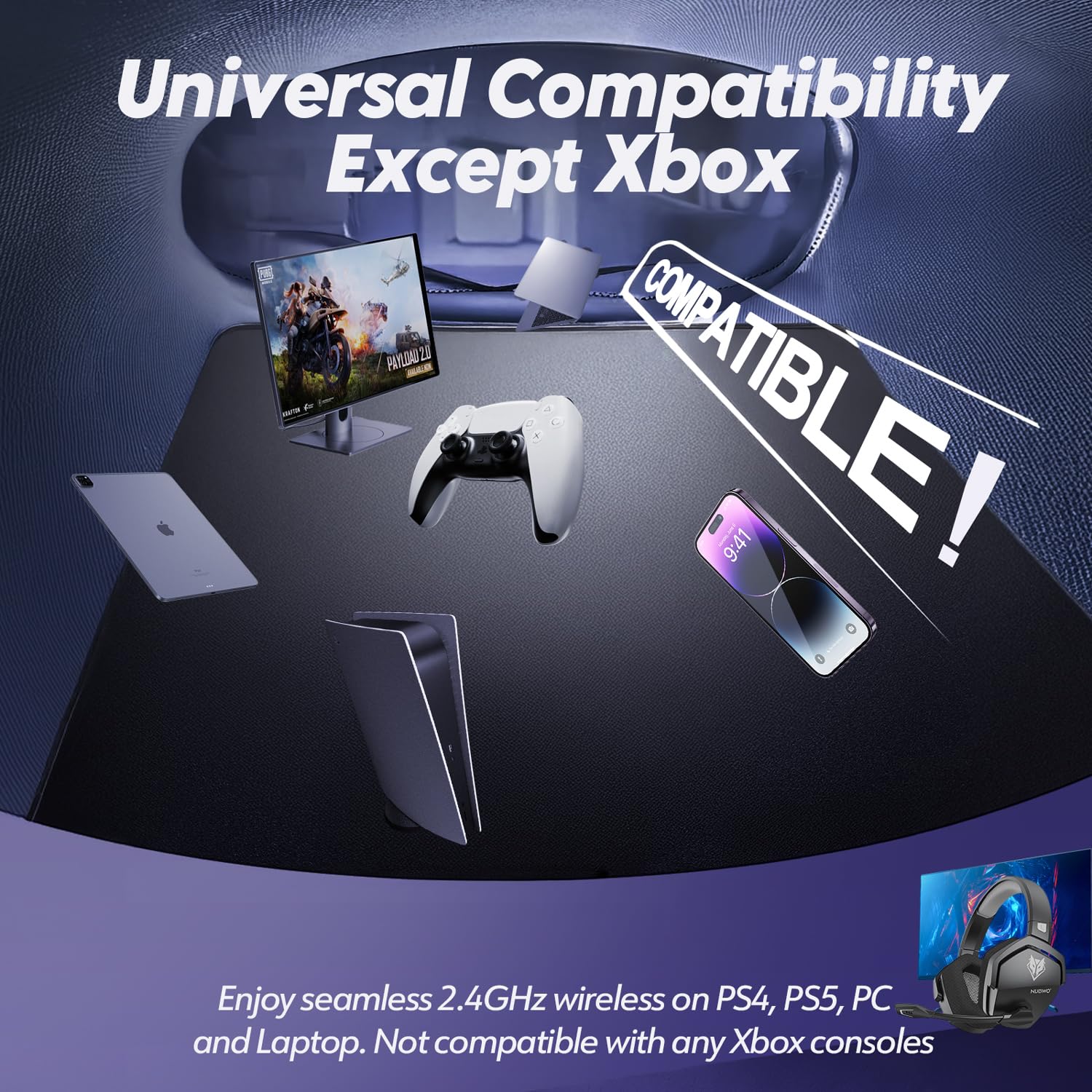 NUBWO G06 Pro Wireless Gaming Headset with Charging Station for Headset & PS5 Controller, 17ms Low Latency, 120H Battery Life, Dynamic 50mm Drivers-White (Only Compatible with PS5)