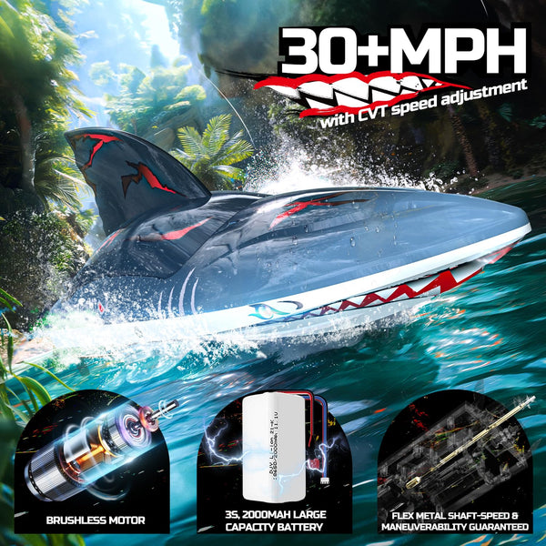 DEERC Fast Brushless RC Shark Boat for Adults, 30+MPH 3S High Speed Remote Control Speed Boat with LED Lights, Summer Toy Gift for Kids