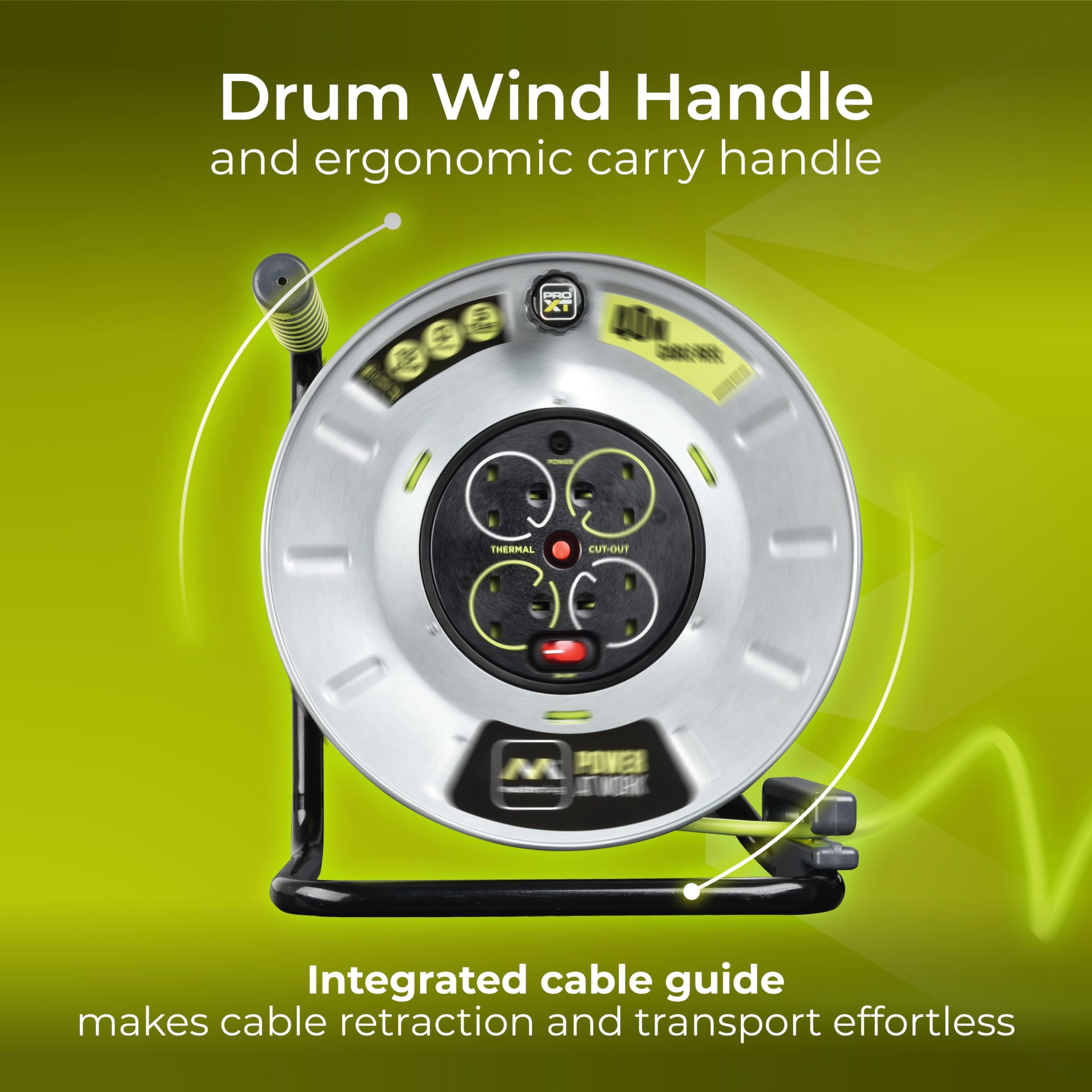 Masterplug Pro-XT Four Socket Open Cable Reel Extension Lead with Winding Handle, Thermal Cut Out and Power Switch, 25 Metres High Visibility Cable , Green