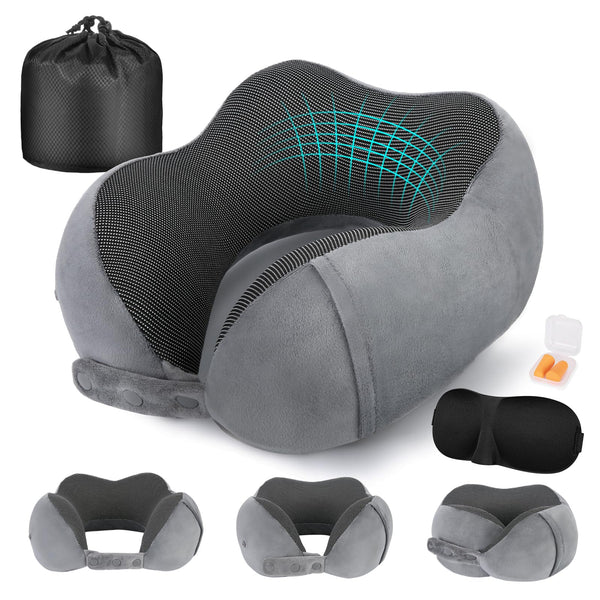 Cirorld Travel Pillow for Airplane, Neck Pillow for Travel, Memory Foam Travel Neck Pillow for Adults, Adjustable & Compact Flight Pillow, Ergonomic Neck Cushion, With Ear Plugs, Eye Mask, Carry Bag