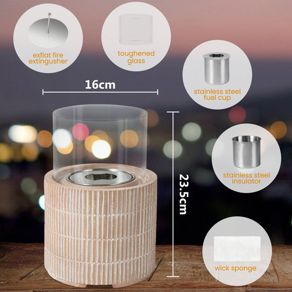 VOSSMOON Tabletop Fire Pit, Bioethanol Table Top Fire Bowl, Portable Round Fireplace indoor or Outdoor, Concrete Table Top Patio Heater Ethanol Burner with Tempered Glass for Potluck or Camping, Black