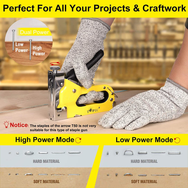 Upholstery Staple Gun Heavy Duty, TOPEC 3-in-1 Stapler Gun with 600 Staples, Manual Brad Nailer Power Adjustment Stapler Gun for Wood, Crafts, Carpentry, Decoration DIY