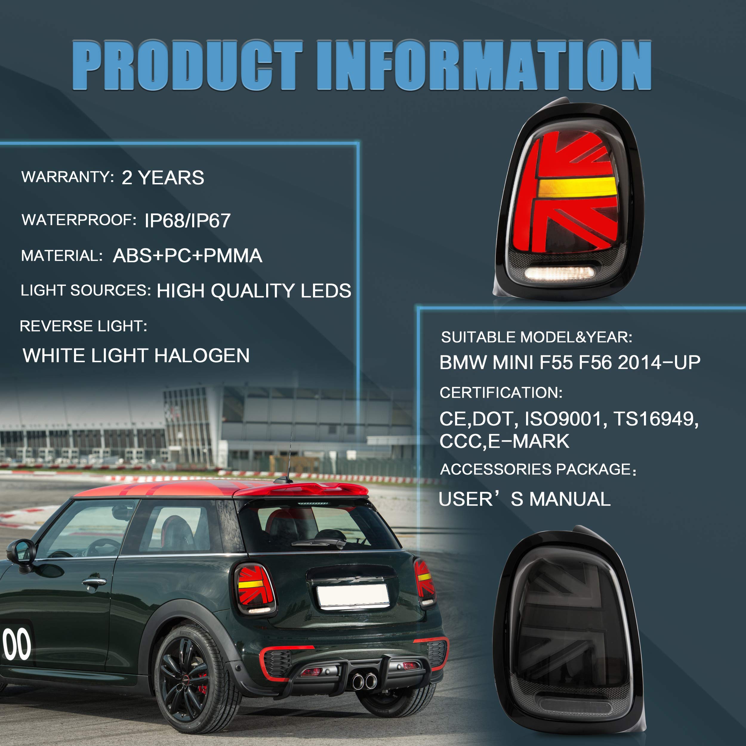 VLAND LED Tail Light Compatible with BMW Mini Cooper F55 F56 F57 2014-2021, Rear Lights with Sequential Turn Signal, Electroplated housing, Red