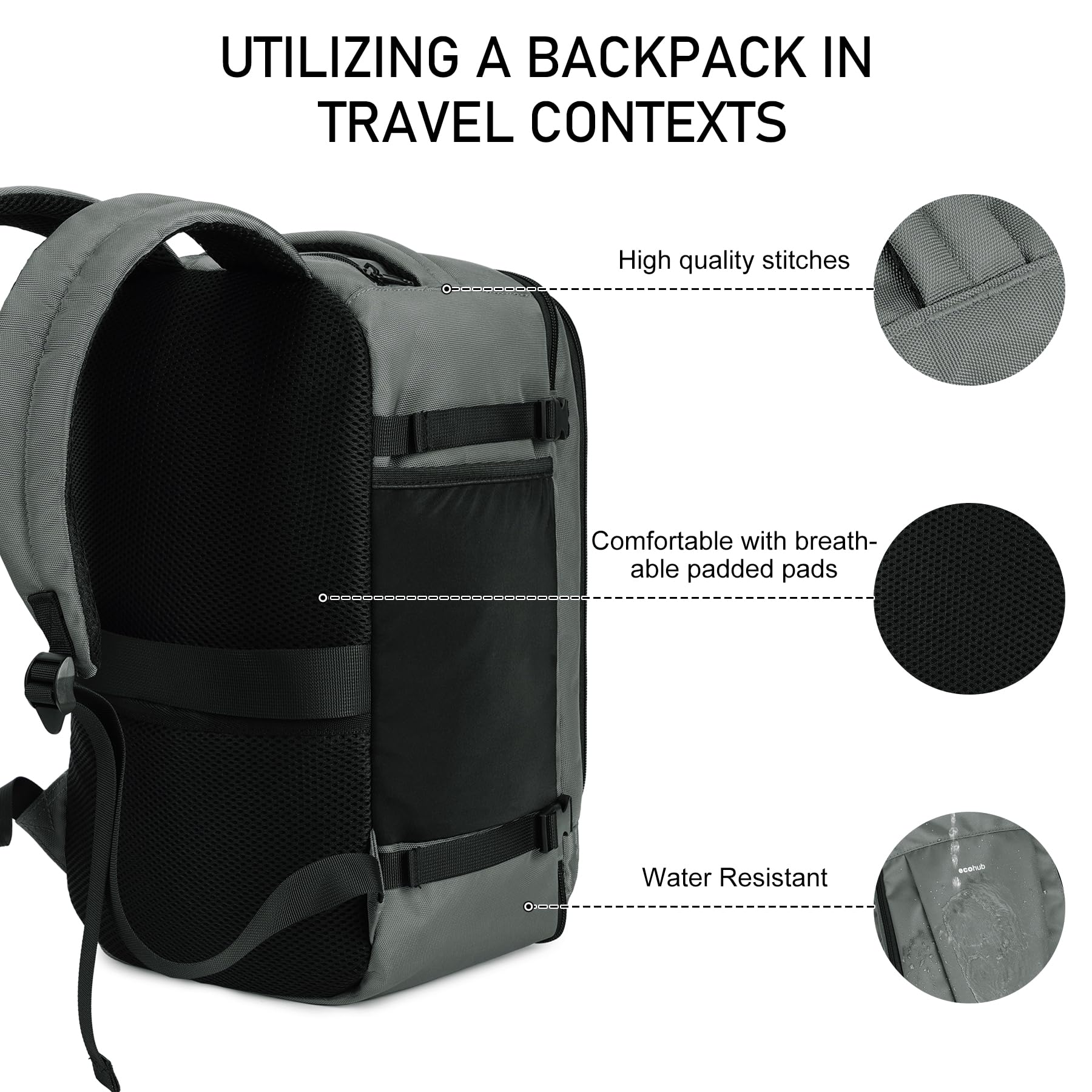 ECOHUB Easyjet Cabin Bag 45x36x20 Underseat Backpack Travel Rucksack 13 Pocket Hand Luggage Waterproof Recycled PET Eco Friendly Carry On Bag for Women & Men 30L Pink