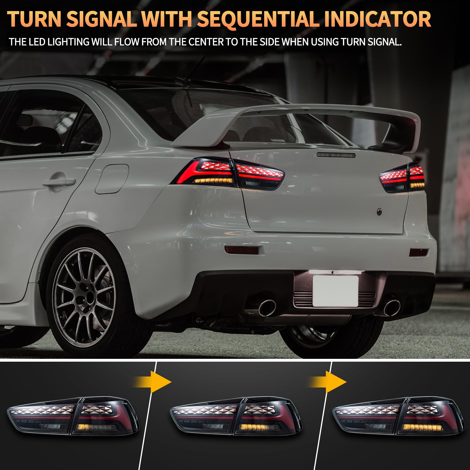 VLAND LED Rear Lights compatible with Lancer & EVO X 2008-2020 (Not Fit fortis/io), w/Sequential indicator, Driver & Passenger Side (Smoked dynamic 2)