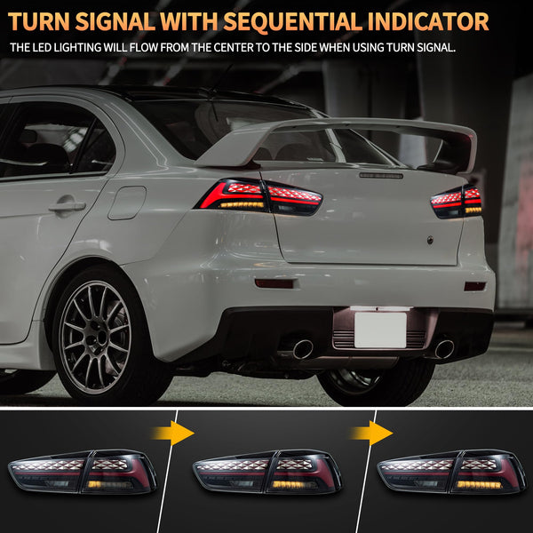 VLAND LED Rear Lights compatible with Lancer & EVO X 2008-2020 (Not Fit fortis/io), w/Sequential indicator, Driver & Passenger Side (Smoked dynamic 2)