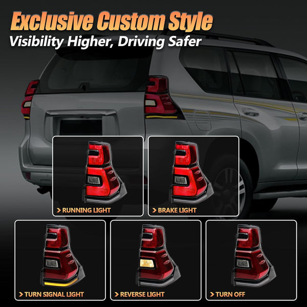 VLAND Motor LED Rear Lights compatible with Land Cruiser Prado J150 / GX460 2010-2017, w/Amber Sequential Indicator, Driver & Passenger Side - Smoked