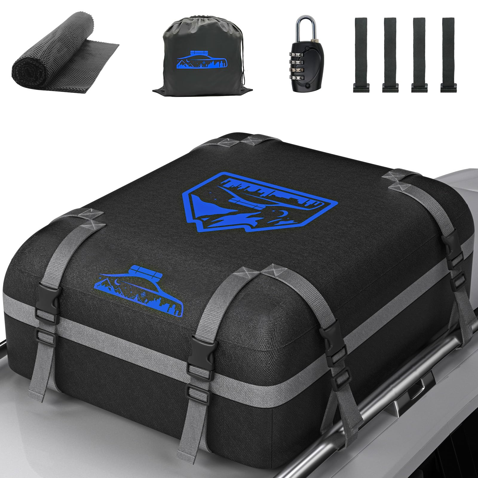 Rymopuey Roof Bag 15 Cubic/425 L, Waterproof Car Roof Bag No Rack Needed, Roof Box with Anti-Slip Mat and 6 Heavy-Duty Straps, Folding Soft Car Roof Box for Cars with/Without Rack (Blue 425 L)
