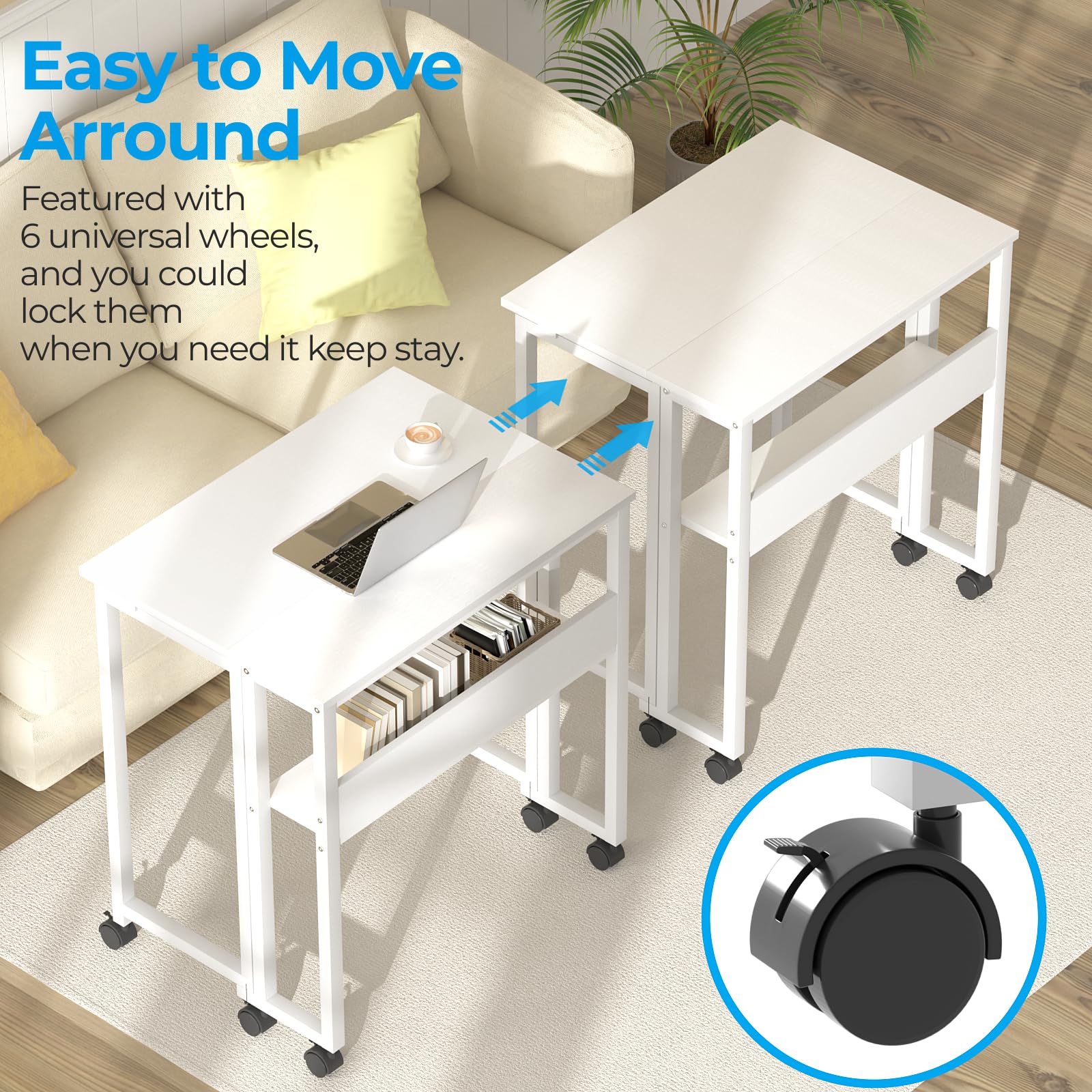 GreenForest Small Folding Desk with Storage Shelf,63 cm Computer Rolling Desk on Wheels Easy Assembly,Foldable desk for Small Space,White