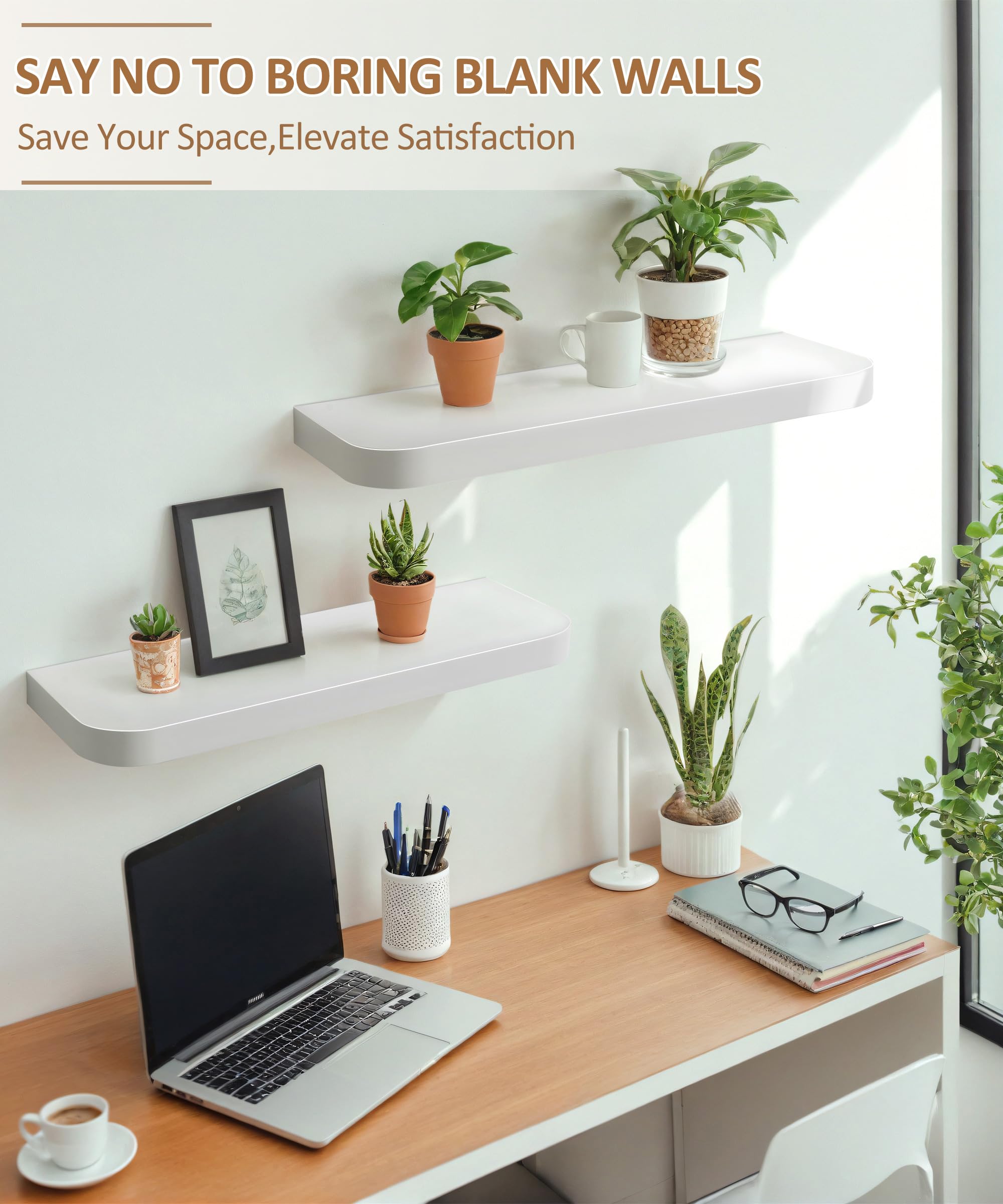 Gronda White Floating Shelves for Wall, Set of 2 Modern Midcentury Wall Mounted Shelf Curved Edge Design with Large Decor Storage Display Shelf for