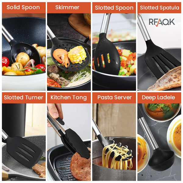 RFAQK 40PCs Silicone Kitchen Utensils Set with Holder 446 Heat Resistant,BPA Free Cooking Utensils Set, Silicone Utensil Set Includes Can Opener,