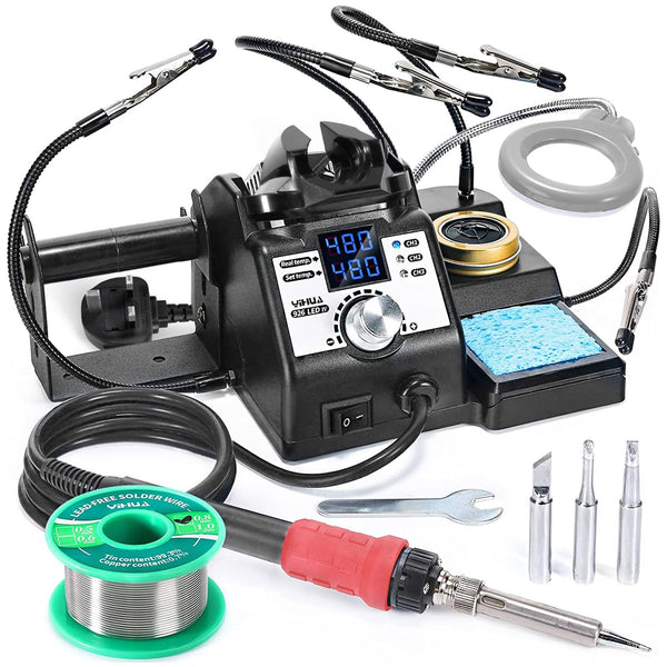 YIHUA 926LED IV 60W Digital Soldering Iron Station Kit w Temperature Stabilization for Soldering & Desoldering w Helping Hands 5 Soldering Iron Tips Lead-Free Solder Solder Sucker UK Plug (Silver)