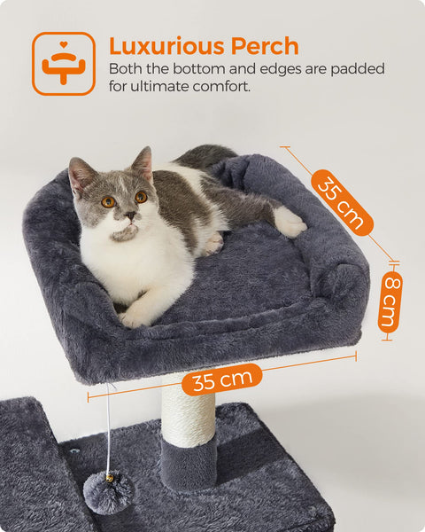 Feandrea Cat Tree, 143 cm Cat Tower for Indoor Cats, Multi-Level Plush Cat Condo with 4 Scratching Posts, 2 Perches, Cave, Hammock, Pompoms, Smoky