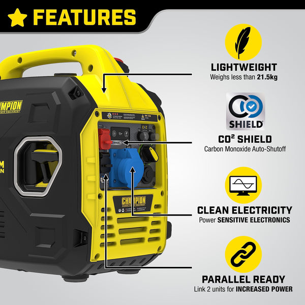 Champion Power Equipment 92001i 2200 Watt LPG Dual Fuel Portable Inverter Generator - 80cc Engine, 4.1L, Petrol or Propane - Lightweight, True Sine Wave, EZ Start, Fuel Fill Assist LED, Ultra Quiet