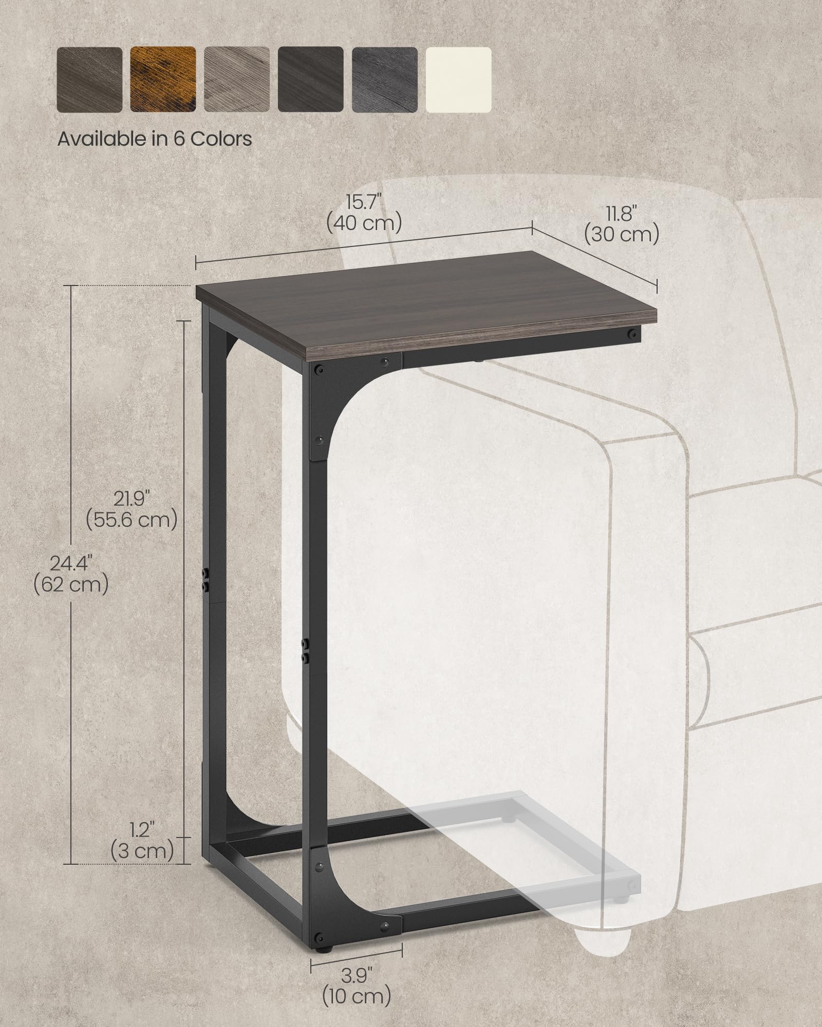 VASAGLE C-Shaped Side Table, Bedside Table, Sofa Side Table, Coffee Table, with Metal Frame, Industrial, for Living Room, Bedroom, Rustic Brown and Black LET350B01
