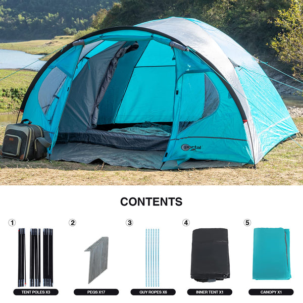 Portal 3-4 Man Tent with Porch, Camping Tent for 3 to 4 Persons with Sewn-in Groundsheet, 4000mm Waterproof Family Tent with Bedroom, Lightweight Dome Tent for Outdoor Garden Backpacking Hiking