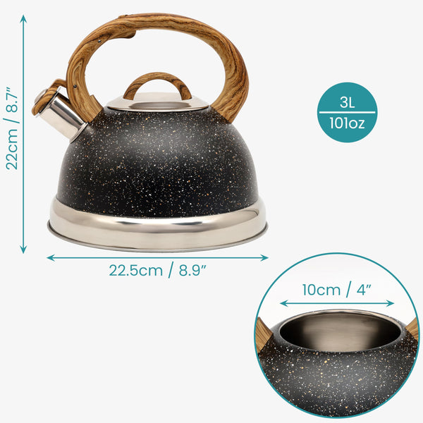 Belle Vous Black Whistling Kettle with Handle - Retro Style 3L Fast Boil Stovetop Tea Kettle - Food-Grade and Rustproof Stainless Steel - Suitable for