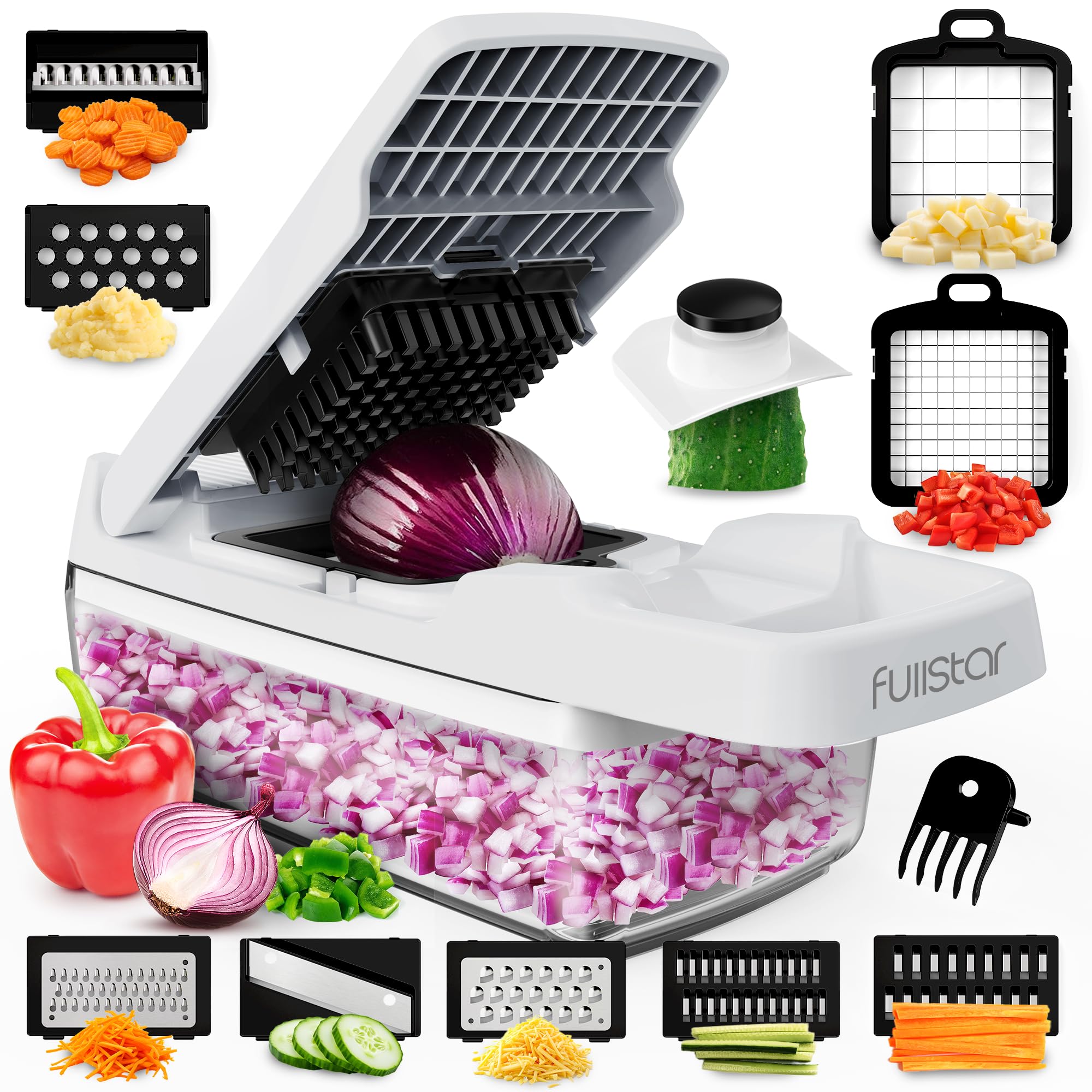 Vegetable Chopper Vegetable Cutter Mandoline Vegetable Slicer - Veggie Onion Salad Food Chopper Manual - Potato Chipper - Veg Chopper and Dicer - Kitchen Tools & Gadgets (6-in-1 Compact White)