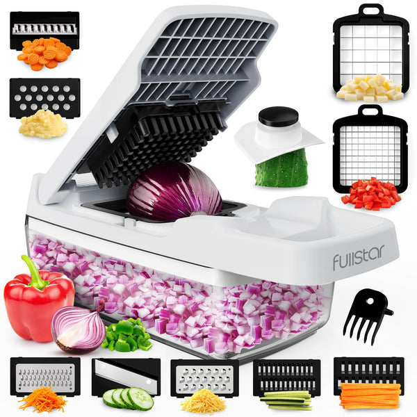 Vegetable Chopper Vegetable Cutter Mandoline Vegetable Slicer - Veggie Onion Salad Food Chopper Manual - Potato Chipper - Veg Chopper and Dicer - Kitchen Tools & Gadgets (6-in-1 Compact White)