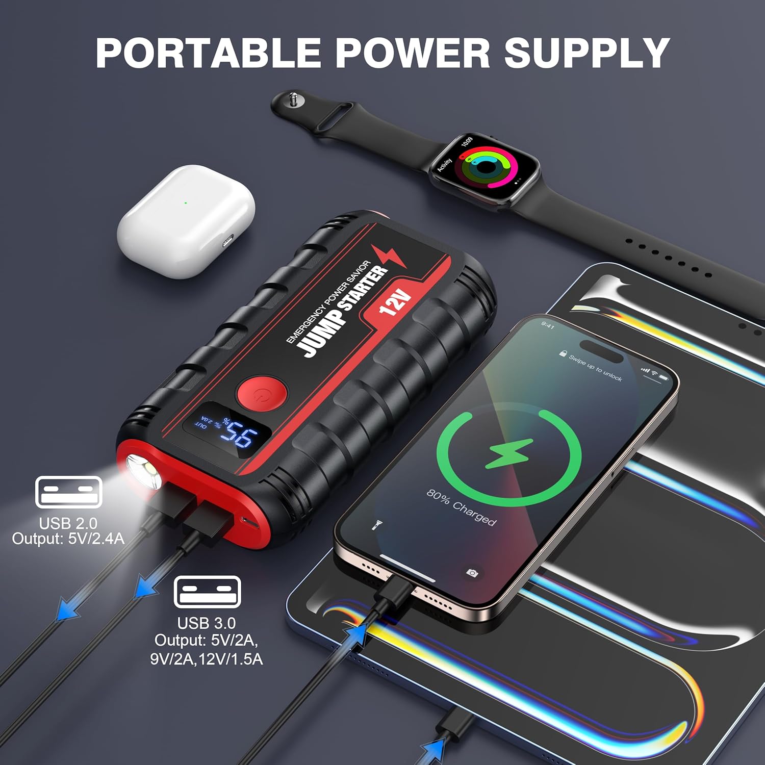 Ginarelo Jump Starter Power Pack Booster - Portable 12V Car Battery Jumpstart Bank Motorcycle Jumper Start with Leads LCD Screen LED 13200Mah Engine Up To 6.0L Gas or 5.5L Diesel