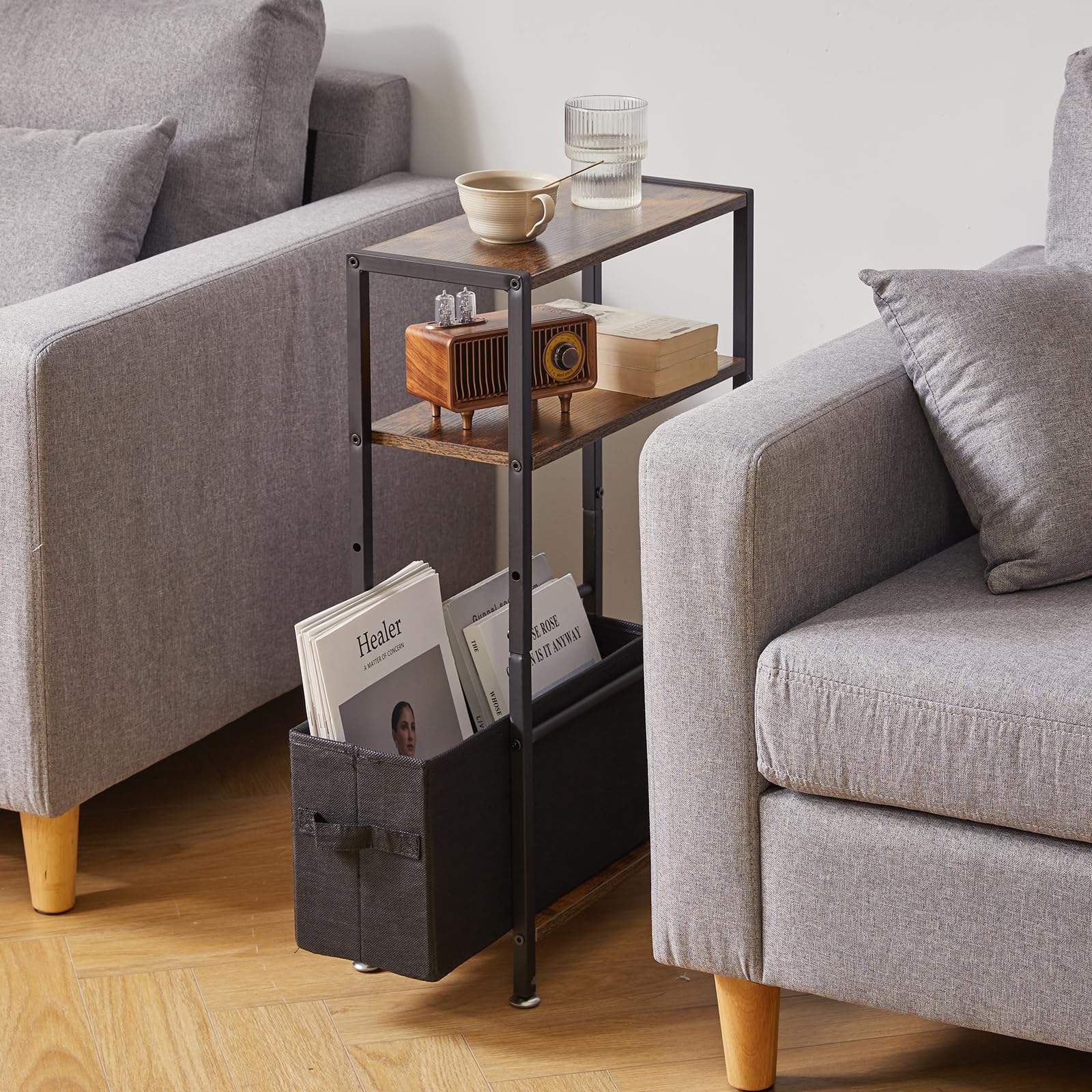 Aibiju Side Table,3-Tier Small Narrow Side Table with Storage Shelf,Slim End Tables with Fabric Basket for Narrow and Small Spaces,Rustic
