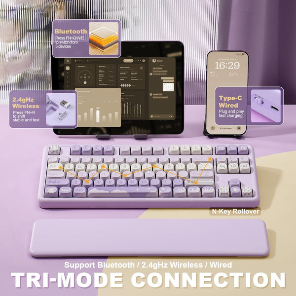 YUNZII B87 Wireless Mechanical Keyboard,QMK/VIA Software Custom Gaming,Gasket RGB Keyboard with Cute MOA Keycaps,Wrist Rest,BT5.0/2.4G/USB-C NKRO for Win/Mac (butter, milk v2 linear)