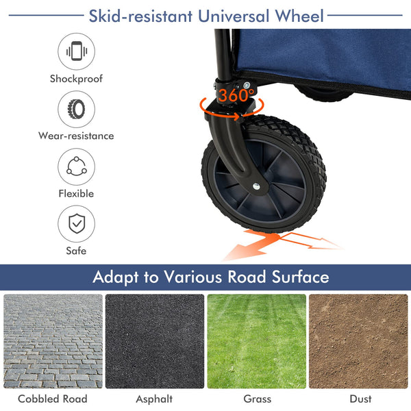 COSTWAY Folding Camping Wagon, Collapsible Beach Garden Trolley with Cup Holders and Adjustable Handle, Canvas Transport Utility Cart for Shopping Gardening Sporting Events (Navy Blue)